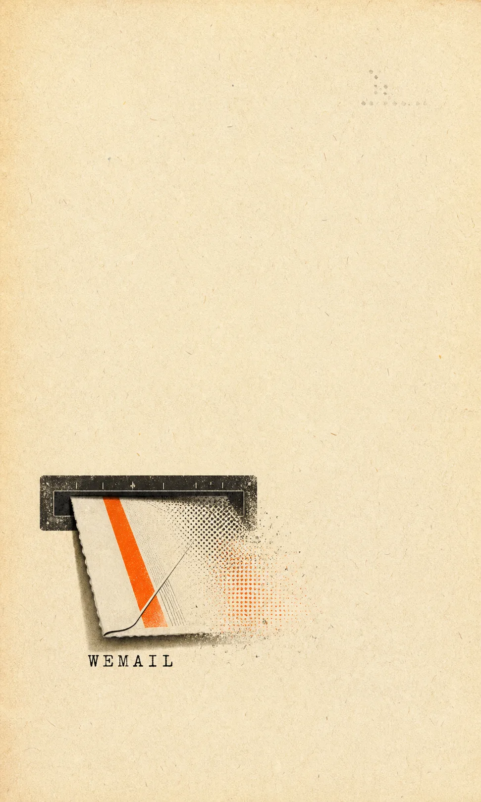 Minimal zine poster for WeMail with a compact mail-routing collage, large paper space, and one structural color accent
