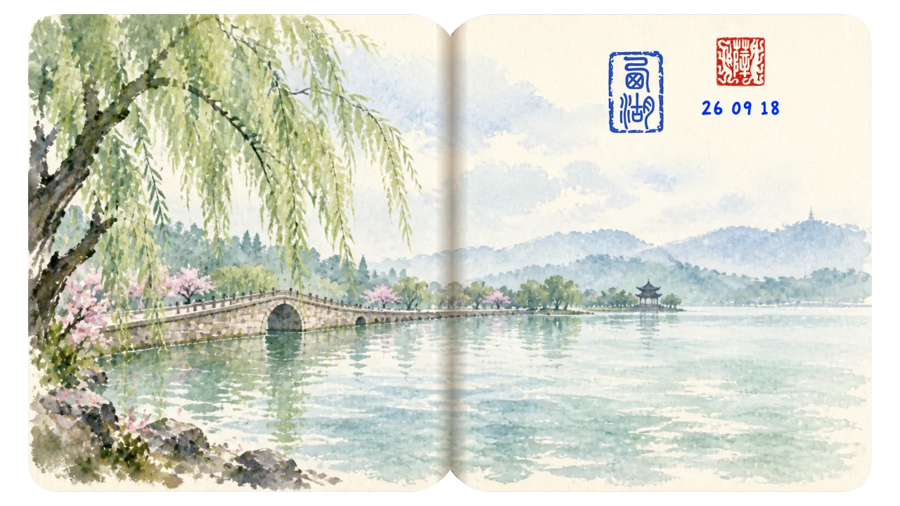 West Lake watercolor sketchbook A watercolor open sketchbook view of West Lake in Hangzhou