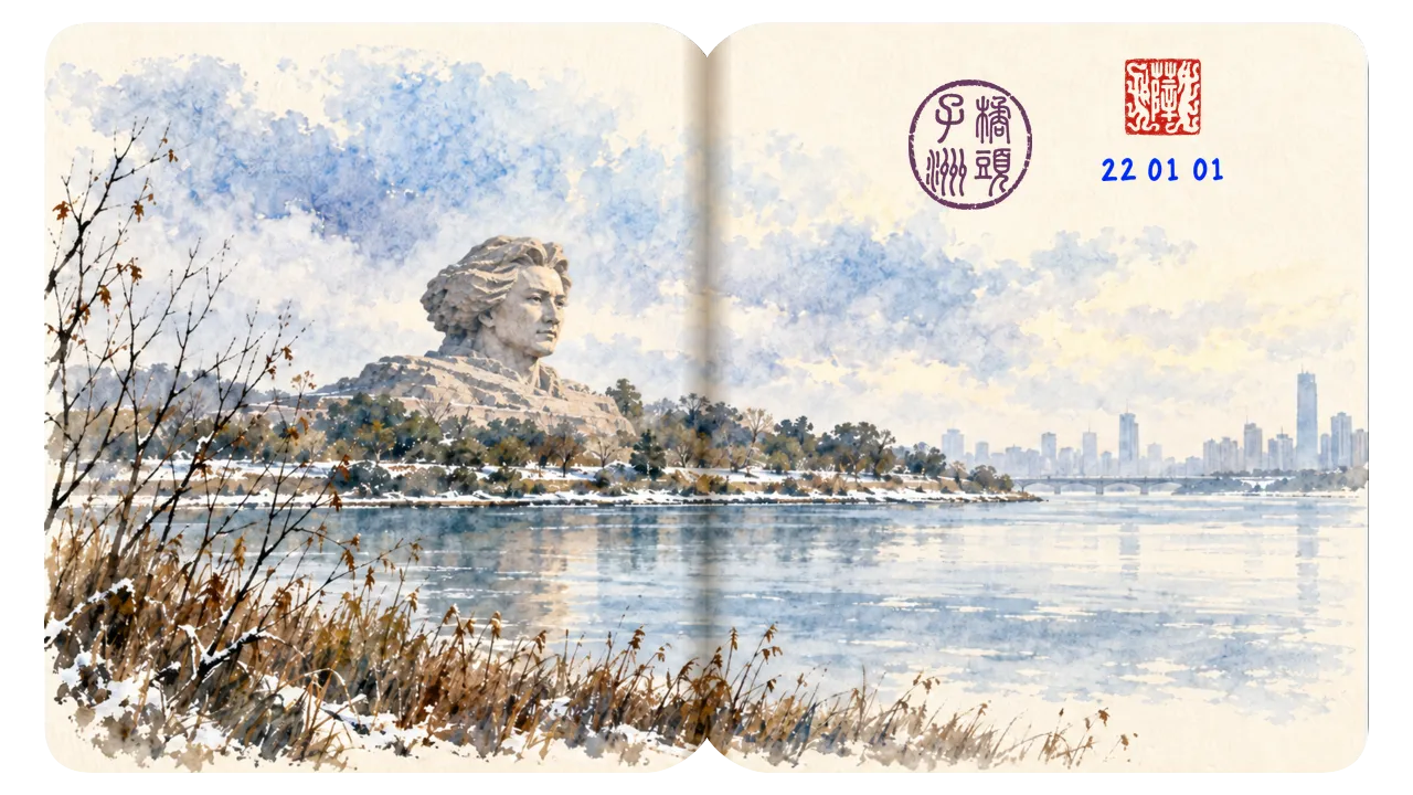 Watercolor open sketchbook of Orange Isle in Changsha with the monumental young Mao sculpture, Xiang River, winter trees, and distant skyline